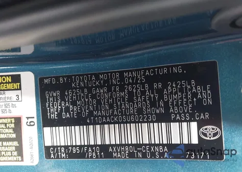 2025 Toyota Camry Le из США, поврежденный, VIN 4T1DAACK0SU602230